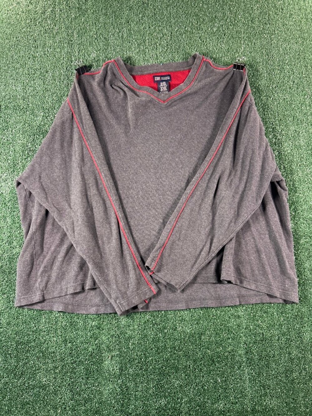 Faded Glory Long Sleeve V-Neck Shirt Men's 2XL Charcoal Heather Red Piping